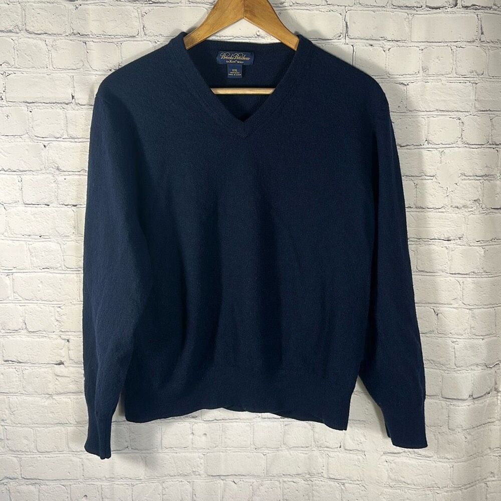 Brooks Brothers Mens Navy Blue Saxxon Wool Sweater size XXL Vneck‎ SHRUNK